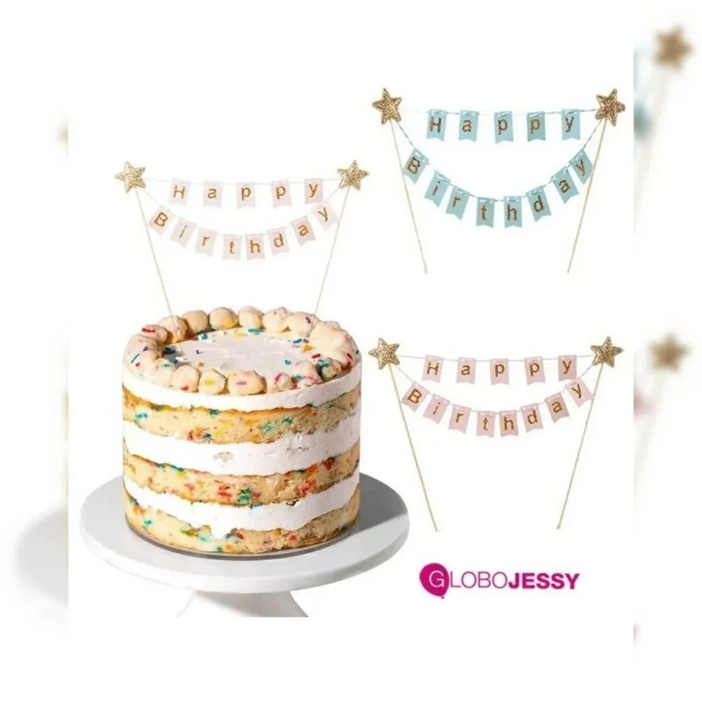 Happy Birthday Blue Gold Large Cake Topper Banner NWT